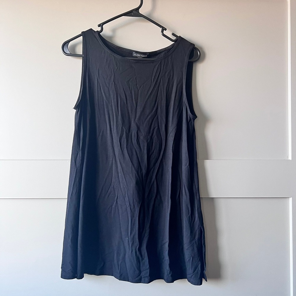 EILEEN FISHER Black Sleeveless Tunic Top Side Slit XS Classic Minimalist Neutral